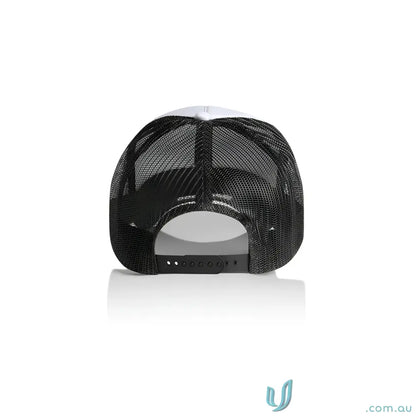 Two-tone trucker hat with curved peak, colour frame foam, and recycled polyester mesh