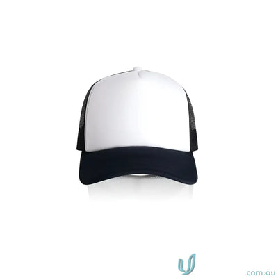 White trucker hat with black brim and recycled polyester mesh, curved peak, colour frame foam