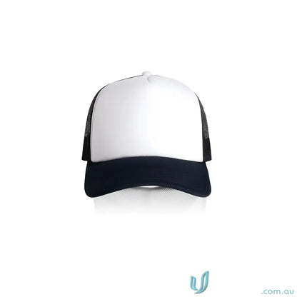 White trucker hat with black brim and recycled polyester mesh, curved peak, colour frame foam