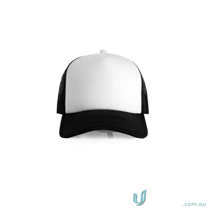 White-fronted black-billed trucker hat with black mesh sides and curved peak for style