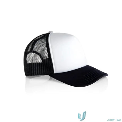 Black and white trucker hat with curved peak and recycled polyester mesh