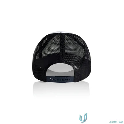Black and white mesh-back trucker hat with curved peak and recycled polyester mesh