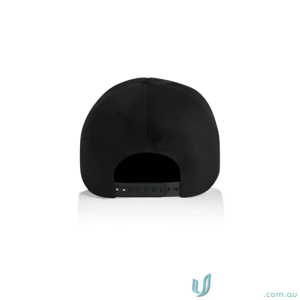 Black high profile cap with curved peak and plastic adjustable snapback for custom fit