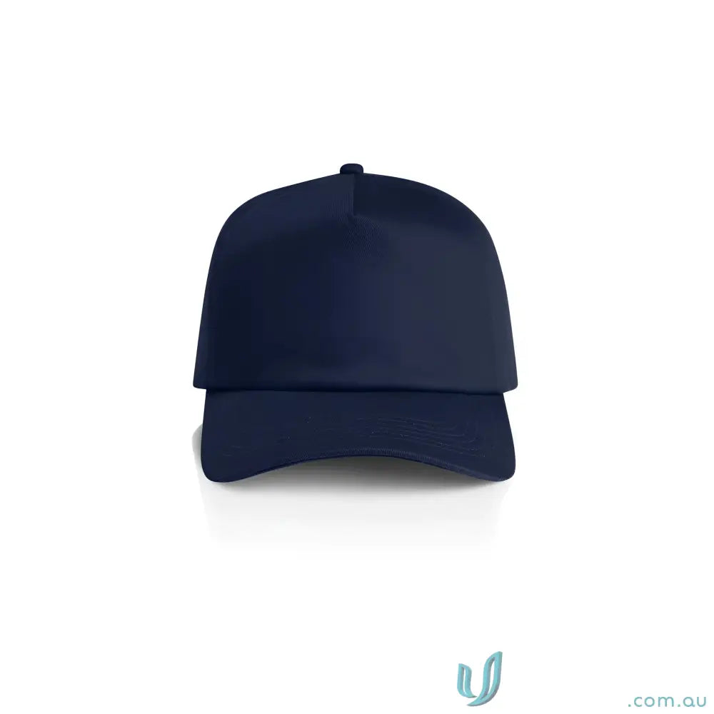 Navy blue high profile baseball cap with curved peak and plastic snapback closure