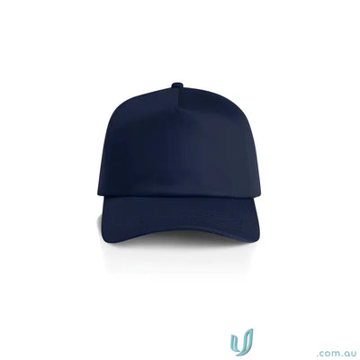 Navy blue high profile baseball cap with curved peak and plastic snapback closure