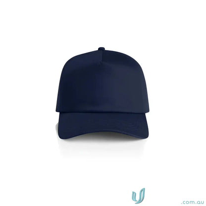 Navy blue high profile baseball cap with curved peak and plastic snapback closure