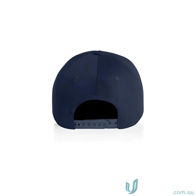 Navy blue high profile baseball cap with plastic adjustable snapback and curved peak