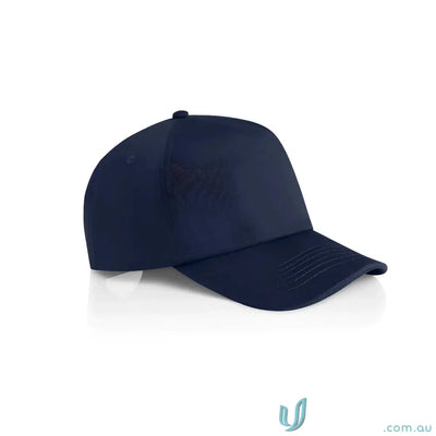 Plain navy blue high profile baseball cap with curved peak and plastic snapback
