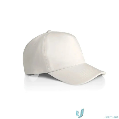 Light-colored high profile baseball cap with curved peak and plastic snapback for custom fit