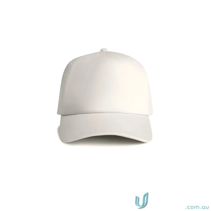Plain white high profile baseball cap with curved peak and plastic snapback for custom fit