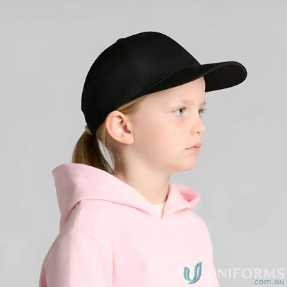 Child wearing black baseball cap and pink hoodie with AS Colour Icon Kids Cap mid profile