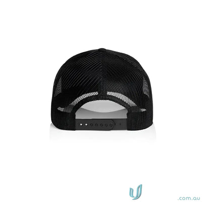 Black mesh icon trucker cap with mid profile and adjustable snapback closure