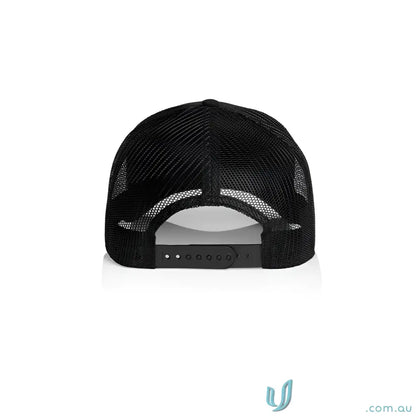 Black mesh icon trucker cap with mid profile and adjustable snapback closure