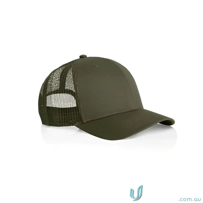 Dark olive green AS Colour Icon Trucker Cap with mid profile and breathable recycled polyester mesh
