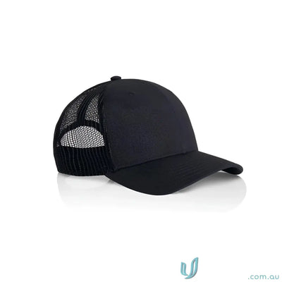 Black mid profile icon trucker cap with breathable recycled polyester mesh and cotton peak