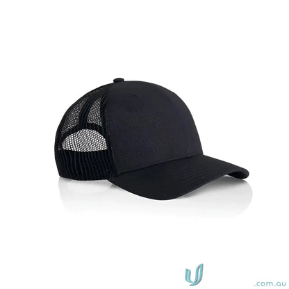 Black mid profile icon trucker cap with breathable recycled polyester mesh and cotton peak