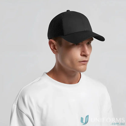 Black AS Colour Icon Trucker Cap with mid profile and breathable recycled polyester mesh