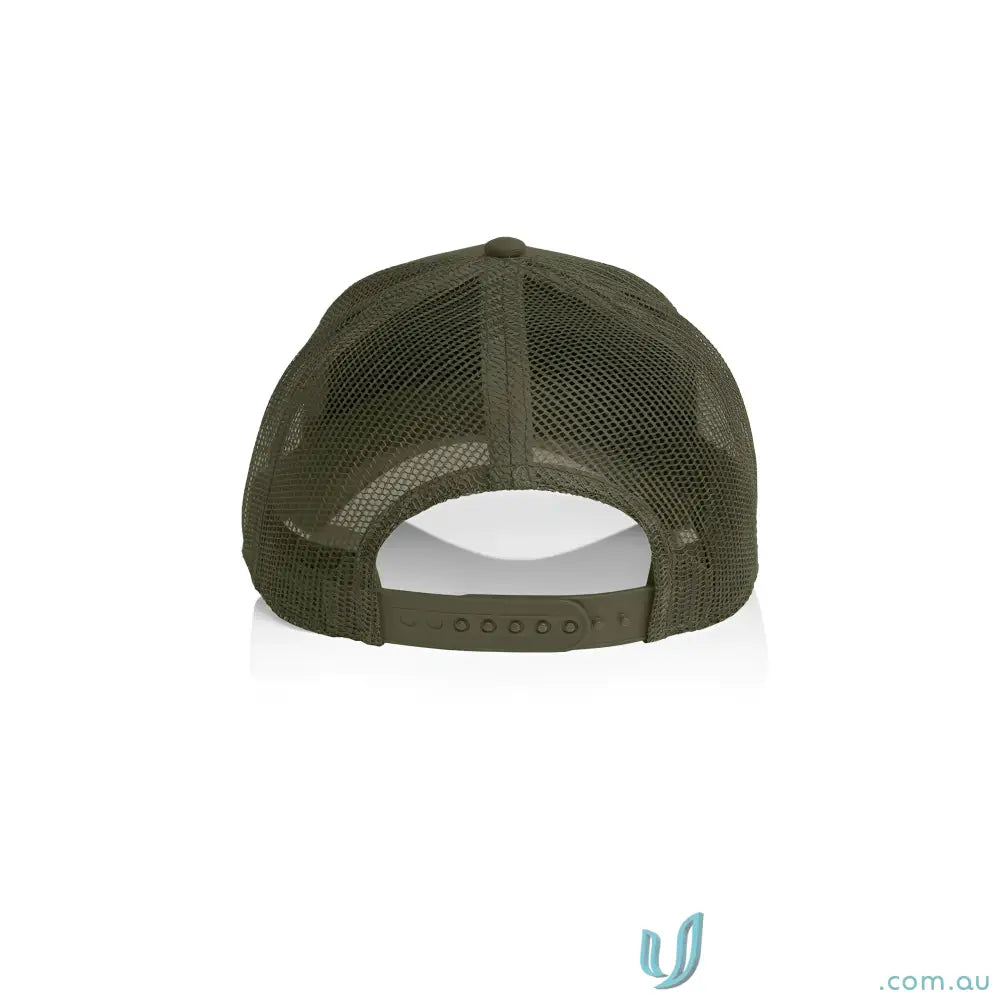 Olive green mid profile icon trucker cap with breathable recycled polyester mesh and snapback