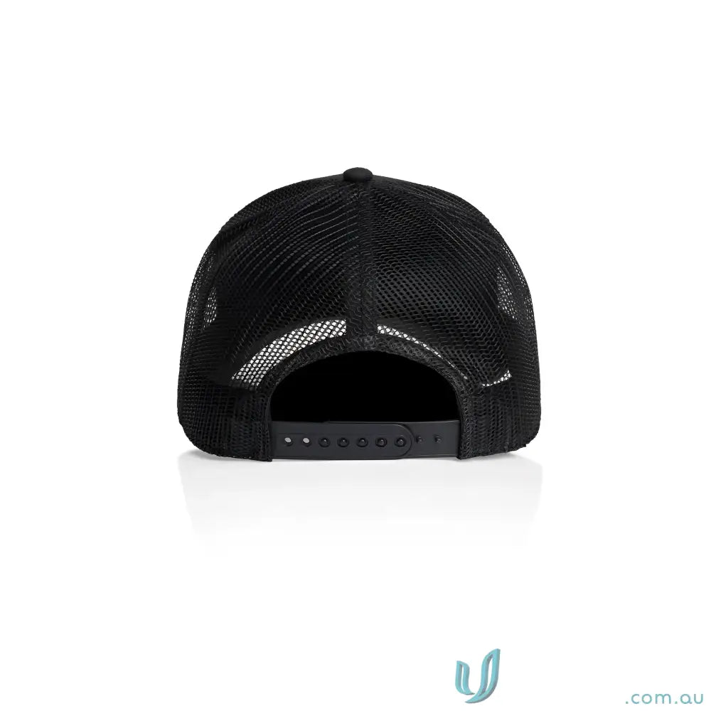 Black mesh icon trucker cap with mid profile and recycled polyester mesh for breathability