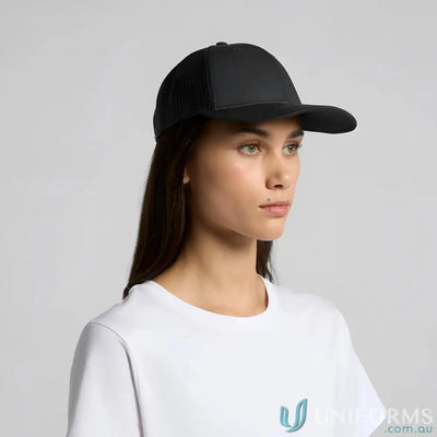 Black AS Colour Icon Trucker Cap with mid profile and recycled polyester mesh on woman
