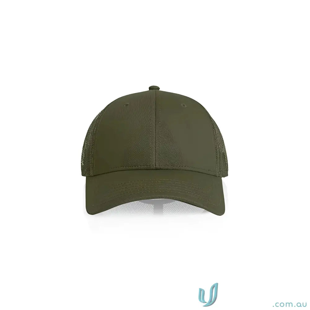 Olive green mid profile icon trucker cap with durable cotton peak and recycled polyester mesh