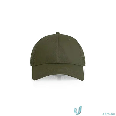 Olive green mid profile icon trucker cap with durable cotton peak and recycled polyester mesh