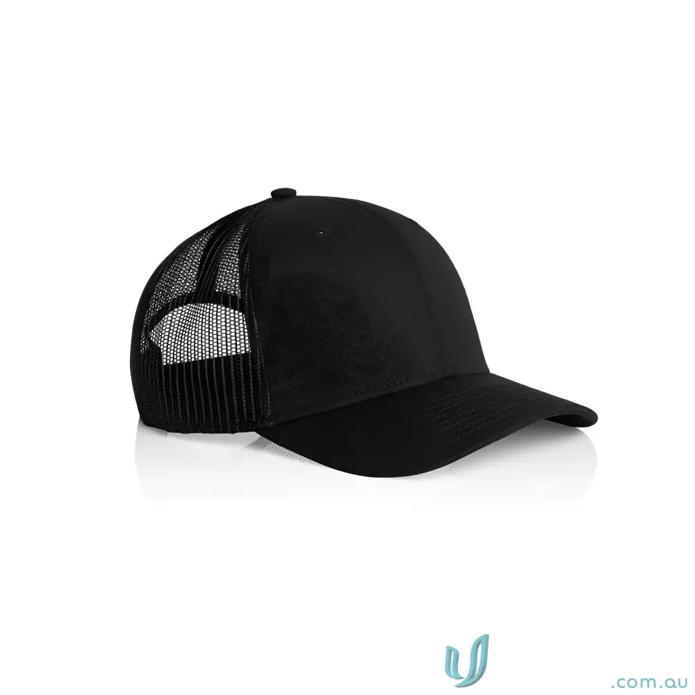 Black mesh-back icon trucker cap with mid profile and recycled polyester mesh