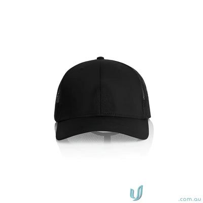 Black icon trucker cap with mid profile and breathable recycled polyester mesh