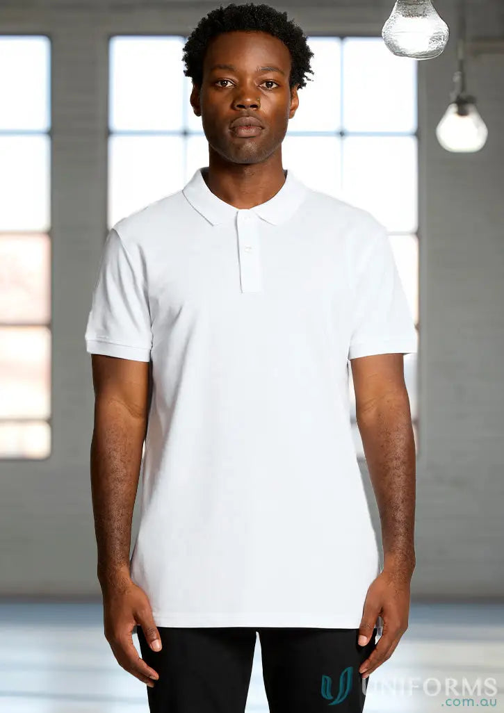 White polo shirt from AS Colour Pique Polo with double needle hems and tonal buttons