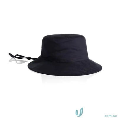 Black wide brim bucket hat with chin strap and cord lock for sun protection