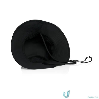 Black foldable wide brim bucket hat with adjustable chin strap for sun protection