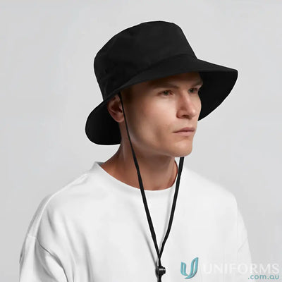 Black wide brim bucket hat with chin strap from AS Colour, stylish and adjustable