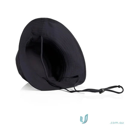 Black wide brim bucket hat with chin strap and adjustable toggle for sun protection