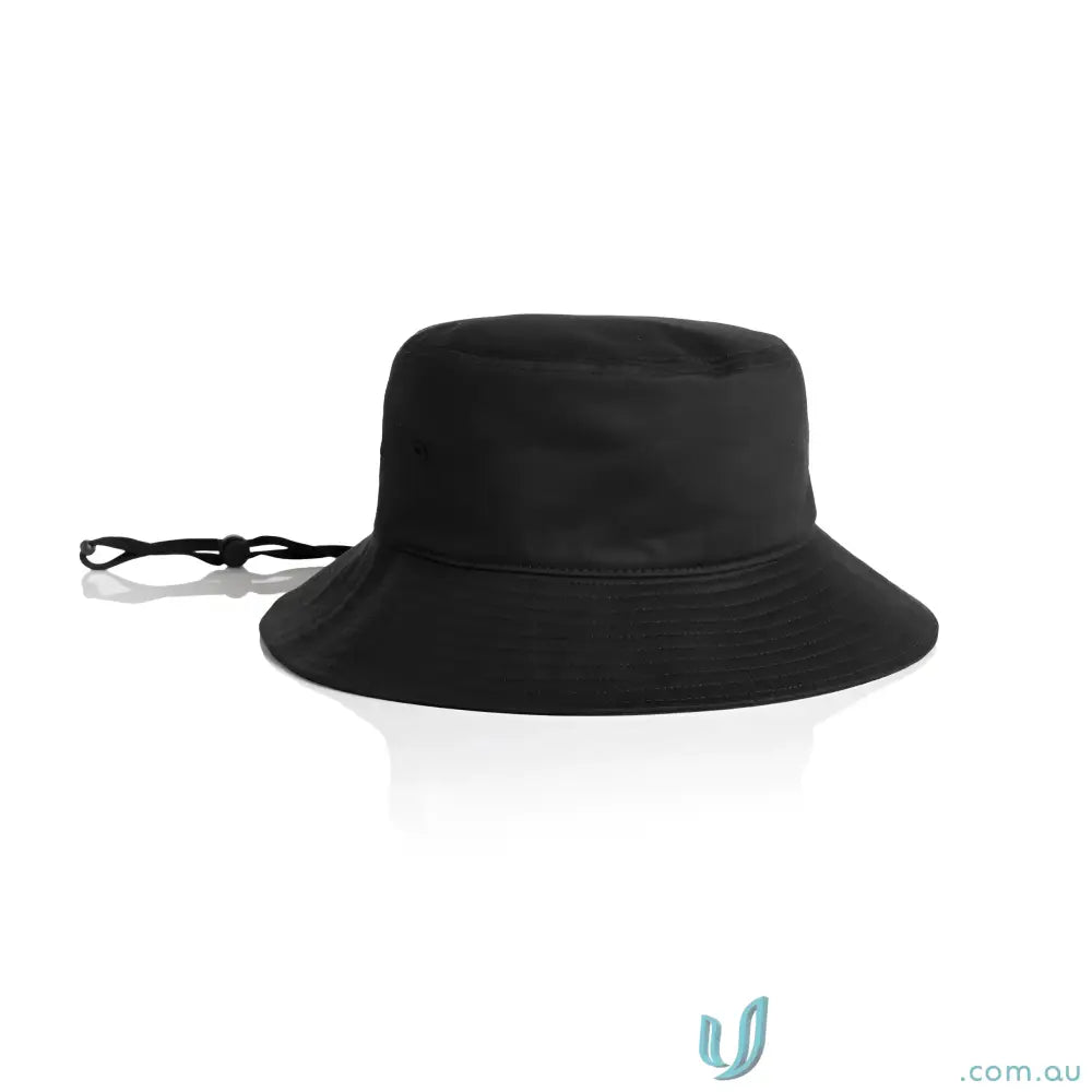 Black wide brim bucket hat with chin strap for sun protection and style