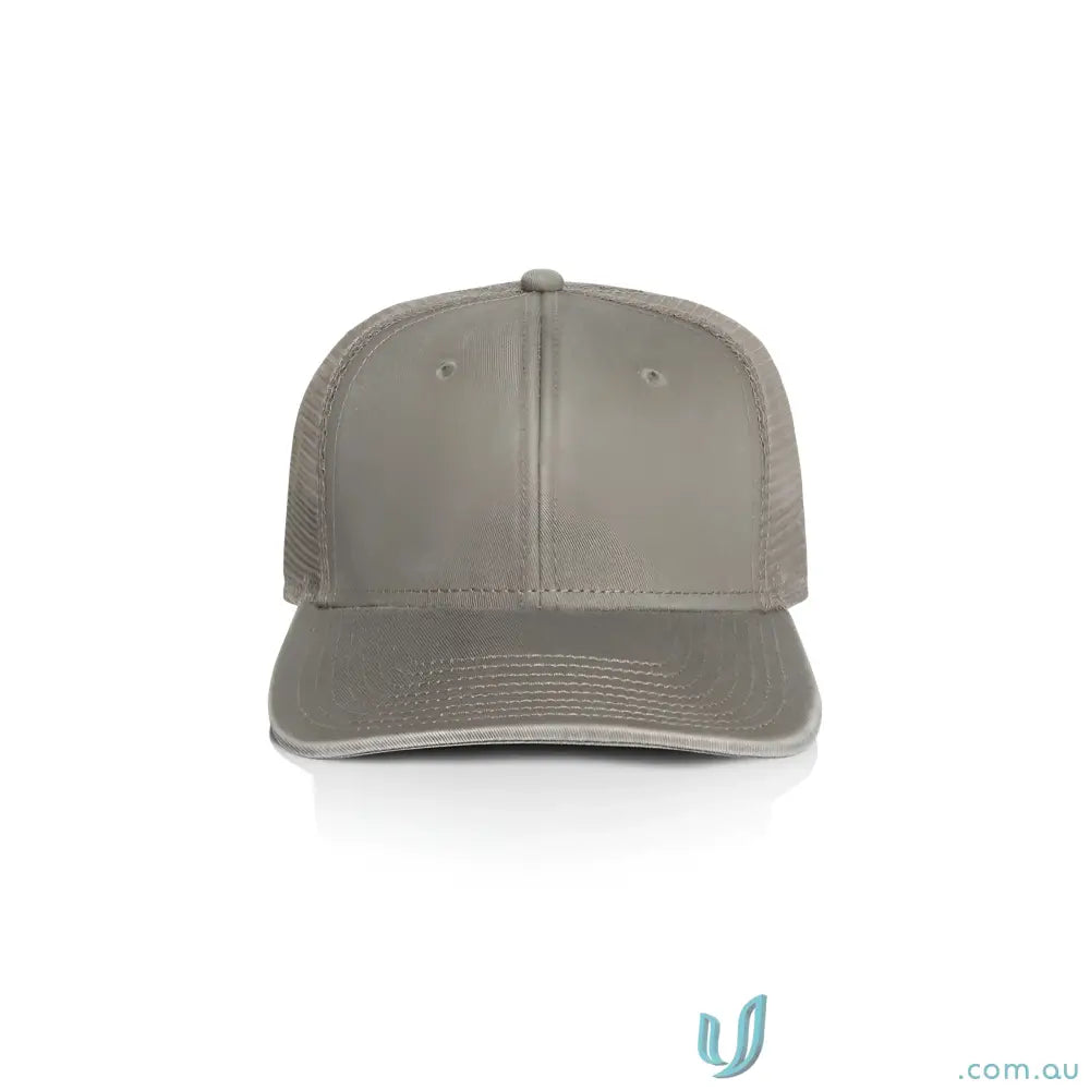 Gray trucker cap with structured front, polyester mesh back, and durable mid weight fabric