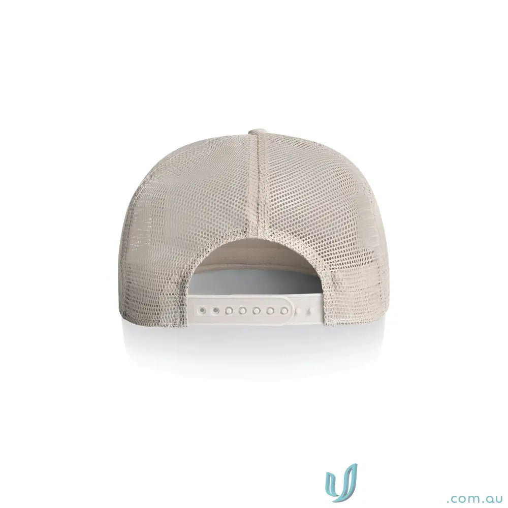Light beige fabric mid weight trucker cap with polyester mesh back and white snap closure