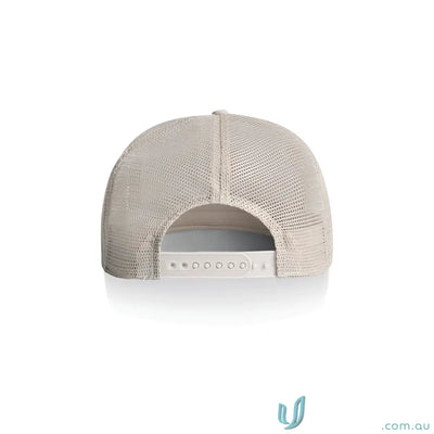 Light beige fabric mid weight trucker cap with polyester mesh back and white snap closure