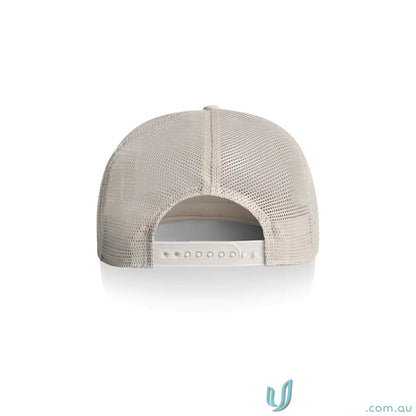 Light beige fabric mid weight trucker cap with polyester mesh back and white snap closure