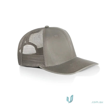 Grey trucker cap with durable cotton front and polyester mesh back for a comfy fit