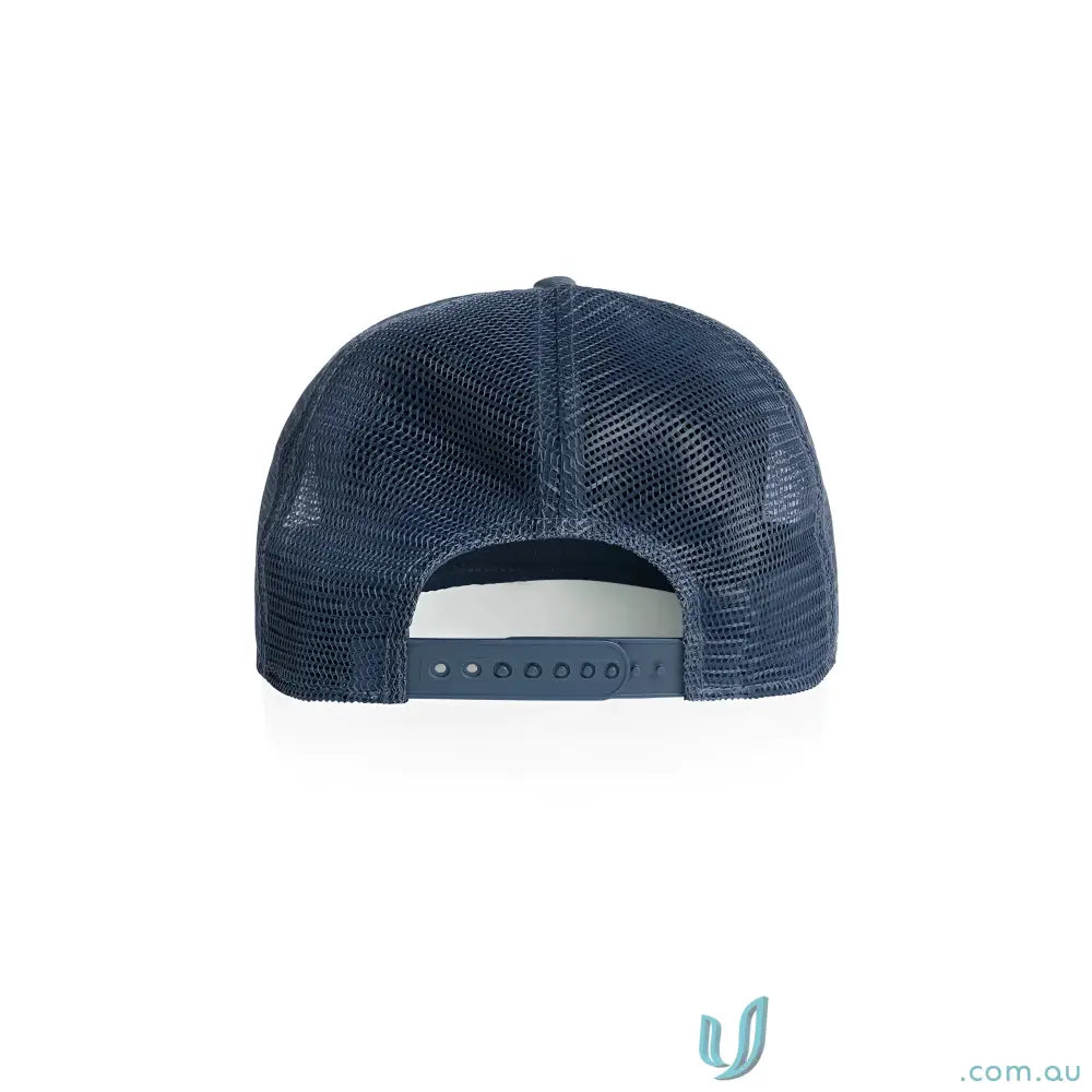 Dark blue trucker cap with polyester mesh, durable cotton front, and snapback closure
