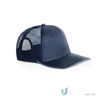 Dark blue trucker cap with fabric mid weight cotton front and polyester mesh back