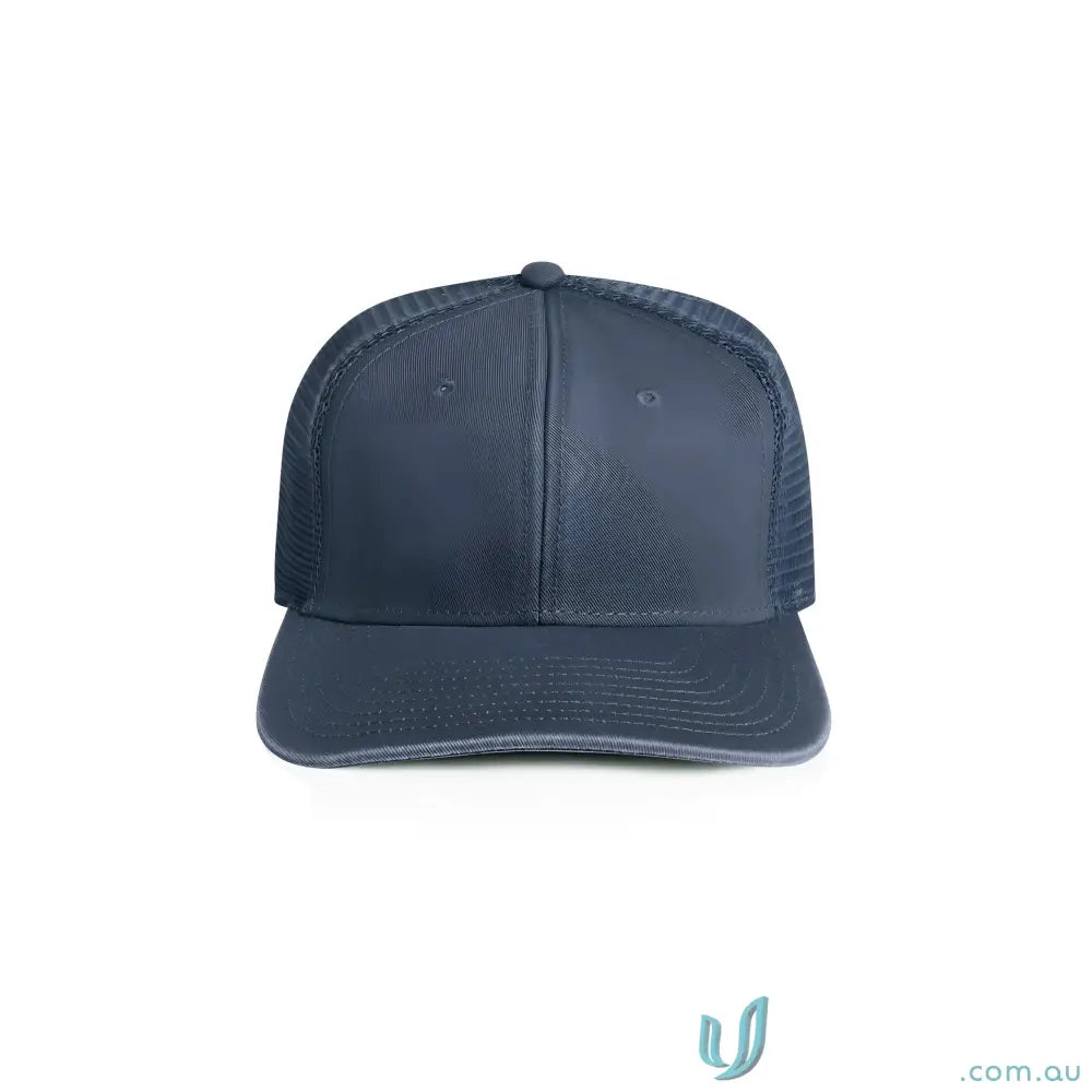 Dark blue trucker cap with polyester mesh and durable cotton front for a casual look