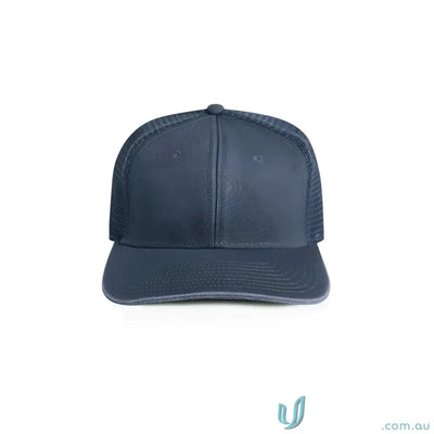 Dark blue trucker cap with polyester mesh and durable cotton front for a casual look