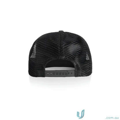 Black mesh trucker cap with adjustable snapback, durable cotton front, polyester mesh back