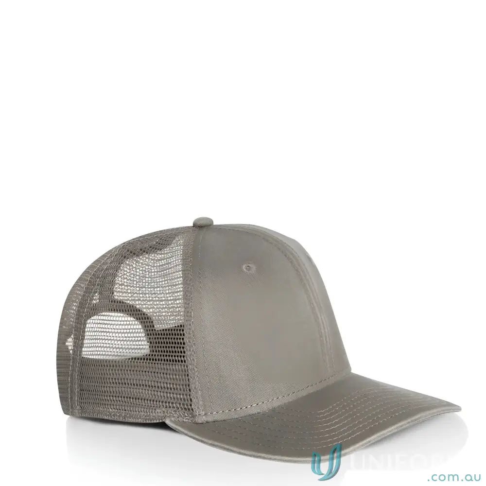 Grey trucker cap with durable cotton front and polyester mesh back, washed finish