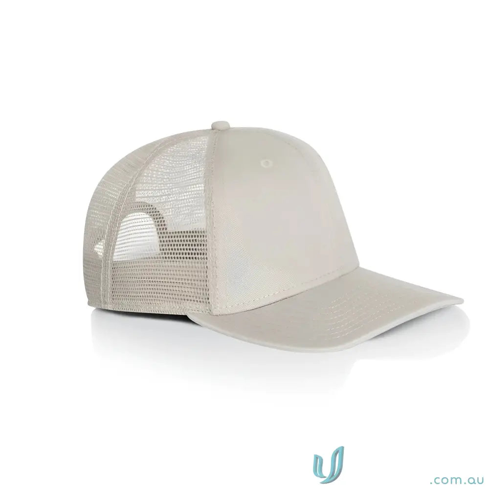 Light beige trucker cap with durable cotton front and polyester mesh back for a casual look