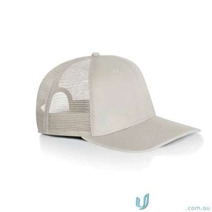 Light beige trucker cap with durable cotton front and polyester mesh back for a casual look