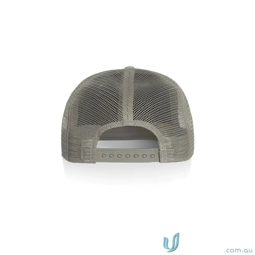 Gray fabric mid weight trucker cap with polyester mesh and adjustable snapback closure