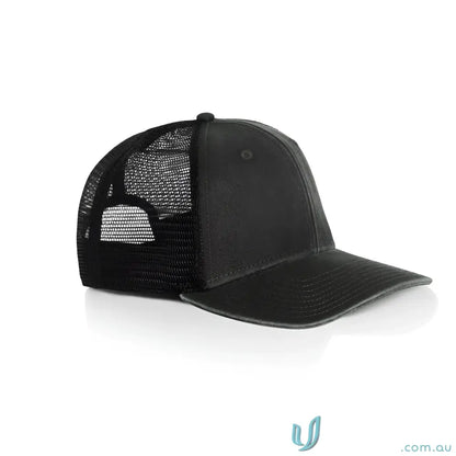 Black trucker cap with durable cotton front and polyester mesh back for a casual vibe
