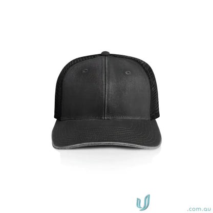 Black trucker cap with solid front, polyester mesh back, and washed finish for a cool look